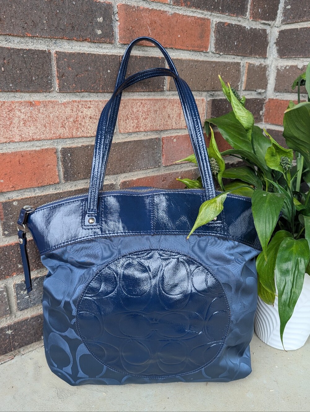 💙 Vintage Y2K Coach Poppy Laura Sateen & Patent Signature Monogram Tote Bag